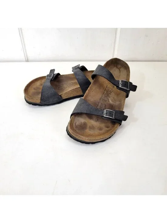 Birkis Birkenstock Women's Black Double-Strap Sandals With Contoured Cork Footbe - Picture 3 of 8